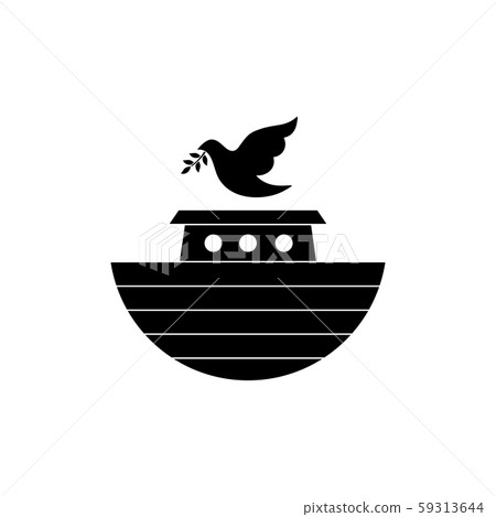 Logo of Noah's Ark. Dove with a branch of olive. Ship to rescue animals and people from the Flood. Biblical illustration. 59313644
