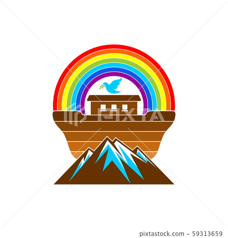 Logo of Noah's Ark. Rainbow - a symbol of the covenant. Dove with a branch of olive. Ship to rescue animals and people from the Flood. Biblical illustration. Logo of Noah's Ark. Rainbow - a symbol of the covenant. Dove with a branch of olive. Ship to rescue animals and people from the Flood. Biblical illustration. 59313659