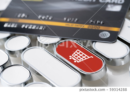 Online shopping icon on keyboard with credit card 59314288