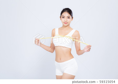 Beautiful portrait asian woman diet and slim with measuring breast and augmentation 59315054