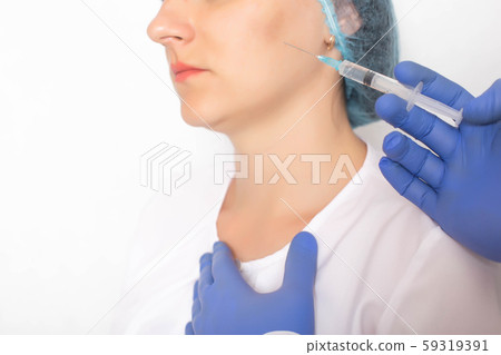 Modern non-surgical method of treating facial vessels with sclerotherapy injection, white background Modern non-surgical method of treating facial vessels with sclerotherapy injection, white background 59319391
