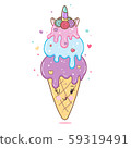 Cute unicorn vector icecream in hand drawn style. Vector cone with three scoops of ice cream in unicorn style isolated on white background. Illustration of unicorn ice cream with roses. 59319491