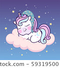Cute unicorn in bed cap sleeping on cloud amongst stars. Vector kawaii unicorn sleep time. Illustration of little adorable unicorn cartoon character in pastel flat colors.  59319500