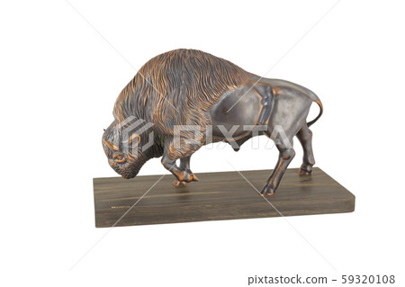 Bison made of brass on a wooden stand and white Bison made of brass on a wooden stand and white 59320108