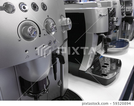 automatic coffee machines at exhibition on white kitchen background automatic coffee machines at exhibition on white kitchen background 59320894