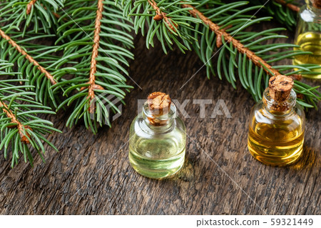 Bottles of essential oil with fresh spruce 59321449