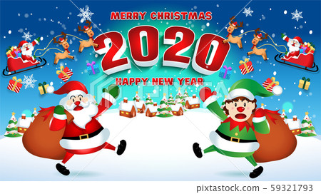 Merry christmas and Happy new year 2020 with santa claus cute cartoon.for Christmas and New Year background.vector illustration 59321793