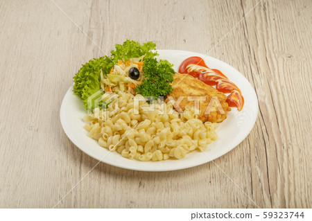 Pasta with a piece of grilled meat and salad. 59323744