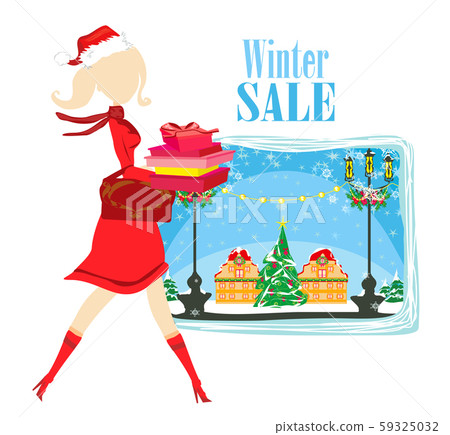 Winter girl with gift box, holiday sale card Winter girl with gift box, holiday sale card 59325032