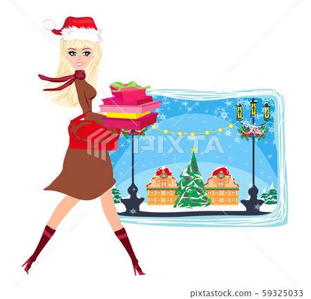 Winter girl with gift box, holiday sale card Winter girl with gift box, holiday sale card 59325033