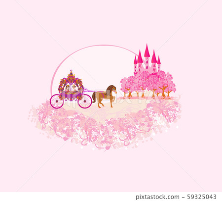 horse carriage and a medieval castle - pink horse carriage and a medieval castle - pink 59325043