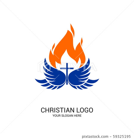 Christian church logo. Bible symbols. The cross of Jesus Christ, the wings of the Spirit and the flame. Christian church logo. Bible symbols. The cross of Jesus Christ, the wings of the Spirit and the flame. 59325195