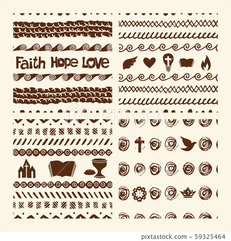 Vector set of hand drawn christian seamless pattern made with ink. Freehand textures for fabric, polygraphy, web design. 59325464