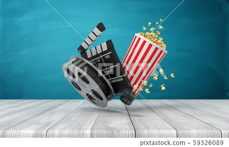 3d rendering of pop corn bucket, film reel, and clapperboard standing on wooden floor near blue wall 59326089