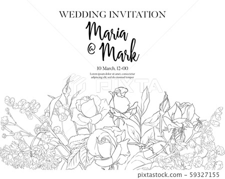 Wedding invitation with white roses and spring flowers 59327155