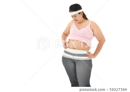 Overweight Asian woman pinching belly fat isolated on white background 59327384