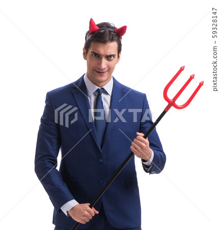 Evil devil businessman with pitchfork isolated on white backgrou Evil devil businessman with pitchfork isolated on white backgrou 59328147