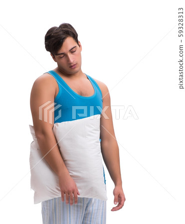 Man waking up with alarm clock isolated on white Man waking up with alarm clock isolated on white 59328313