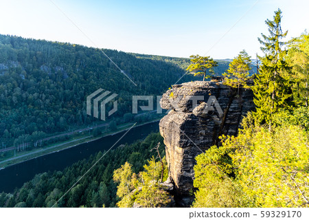 Belveder lookout point above Labe River valley near Decin. Elbe Sandstone Mountains, Czech Republic Belveder lookout point above Labe River valley near Decin. Elbe Sandstone Mountains, Czech Republic 59329170