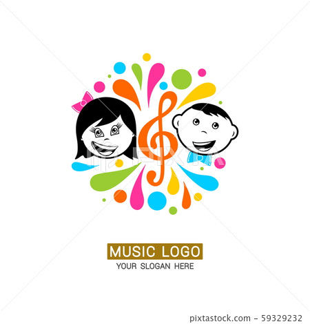 Music logo. Boy and girl on the background of a treble clef with colored elements. 59329232
