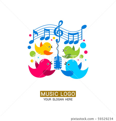 Music logo. A family of birds around a treble clef with colored elements. Music logo. A family of birds around a treble clef with colored elements. 59329234