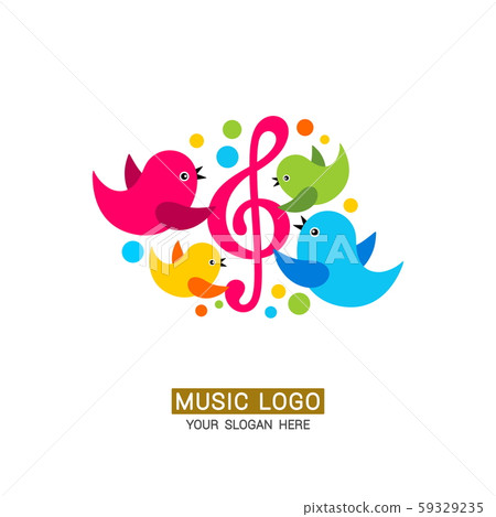 Music logo. A family of birds around a treble clef with colored elements. 59329235