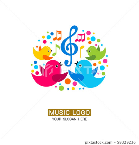 Music logo. A family of birds around a treble clef with colored elements. Music logo. A family of birds around a treble clef with colored elements. 59329236