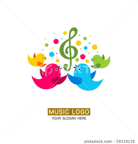 Music logo. A family of birds around a treble clef with colored elements. 59329239