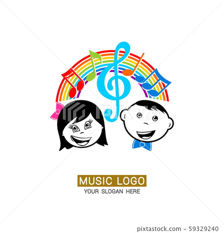 Music logo. Boy and girl on the background of a treble clef with colored elements. 59329240