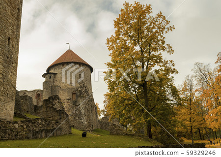 Autumn park with old castle ruins in Cesis town Autumn park with old castle ruins in Cesis town 59329246