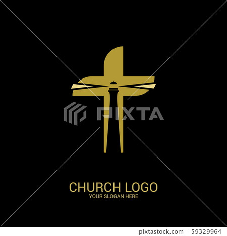 Church logo. Christian symbols. The lighthouse is the light of truth inside the cross of Jesus. 59329964