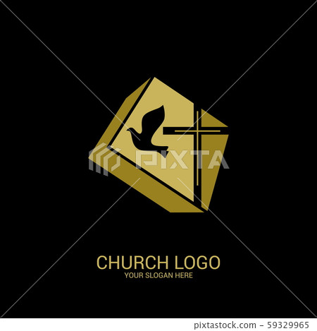 Church logo. Christian symbols. The cross of Jesus and the dove - a symbol of the Holy Spirit 59329965