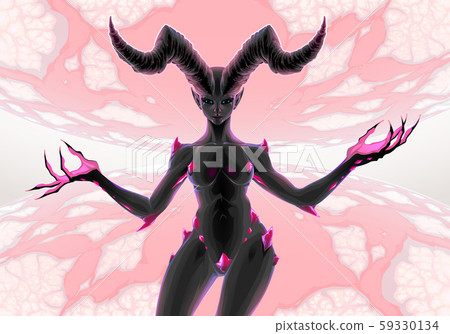 Female devil between two planets, Venus and Pluto - Stock Illustration