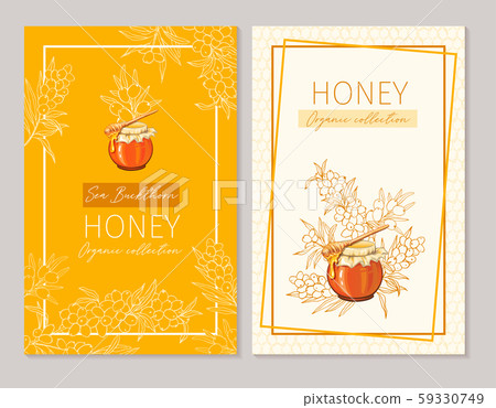 Honey vintage banners design. Engraved sea buckthorn honey flower with glass honey jar and drop 59330749