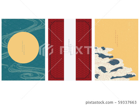 Japanese template with wave pattern vector. Sun and ocean line background Asian style. Curve with hand drawn sea elements in oriental layout design. Japanese template with wave pattern vector. Sun and ocean line background Asian style. Curve with hand drawn sea elements in oriental layout design. 59337663