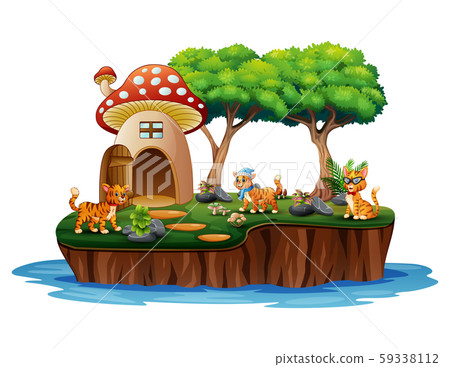 A mushroom house with many cats on island 59338112