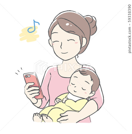 A mom who seems to have fun looking at her smartphone. 59338390