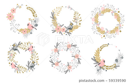 Wreaths with Christmas decorative elements - plants, branches, jay and red cardinal birds Wreaths with Christmas decorative elements - plants, branches, jay and red cardinal birds 59339590