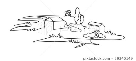 Rural landscape drawn in one line. Country house. 59340149