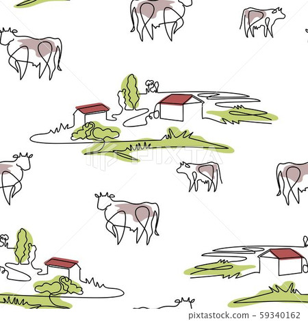 Seamless pattern with cows and village houses. Cow drawn in one line. Farm animal. 59340162