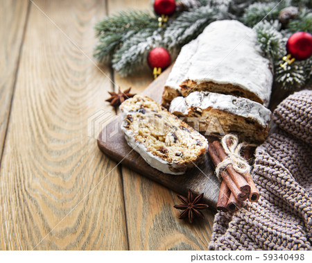 Christmas stollen on wooden background 59340498