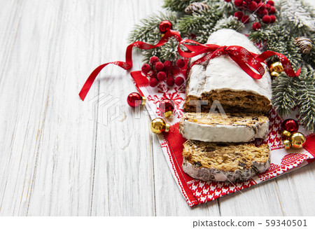 Christmas stollen on wooden background 59340501