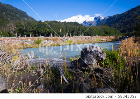 River Cauquenes and Tronador volcano River Cauquenes and Tronador volcano 59343352