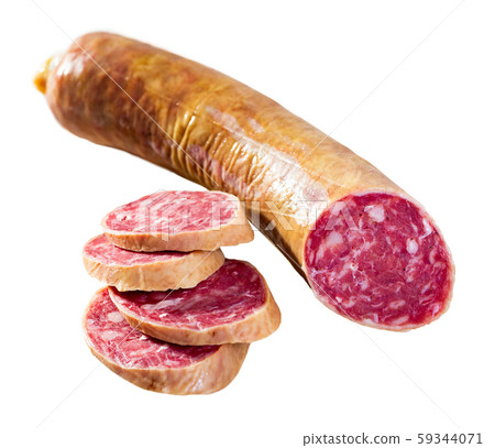 Salchichon spanish sausage slices on wooden desk Salchichon spanish sausage slices on wooden desk 59344071