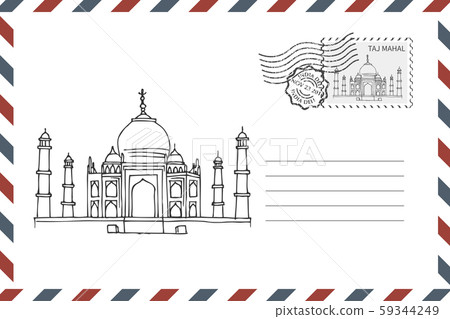 Envelope with hand drawn Taj Mahal in India 59344249
