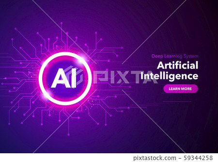 Vector Illustration artificial Intelligence landing page. Website template for ai machine deep learning technology sci-fi concept. 59344258
