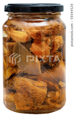 Closed glass jar with pickled lactarius deliciosus Closed glass jar with pickled lactarius deliciosus 59344529