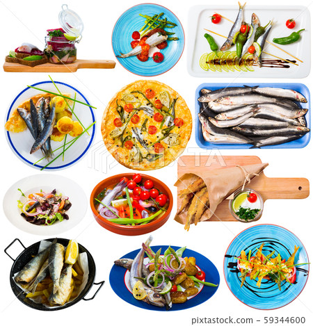 Collage of dishes with small fish 59344600