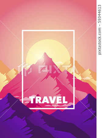 Vector illustration flat travel adventure climb to the top of the mountain poster. Silhouette nature mountains in morning and evening sun in modern colors. 59344613