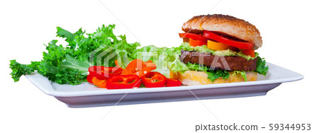 Delicious vegetarian hamburger with soybean patty and fresh vegetables 59344953
